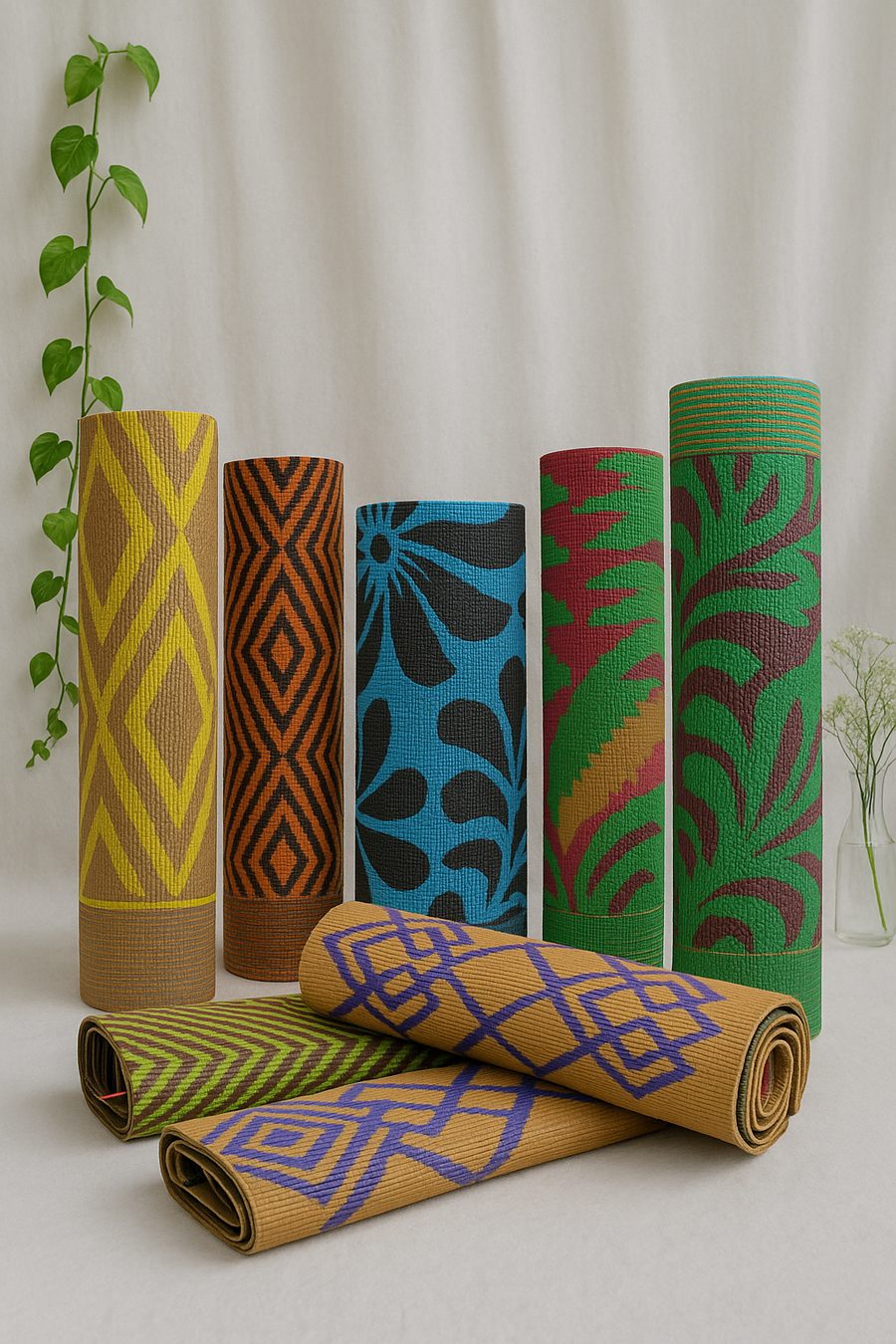 Yoga mats rolled up in colourful geometric prints