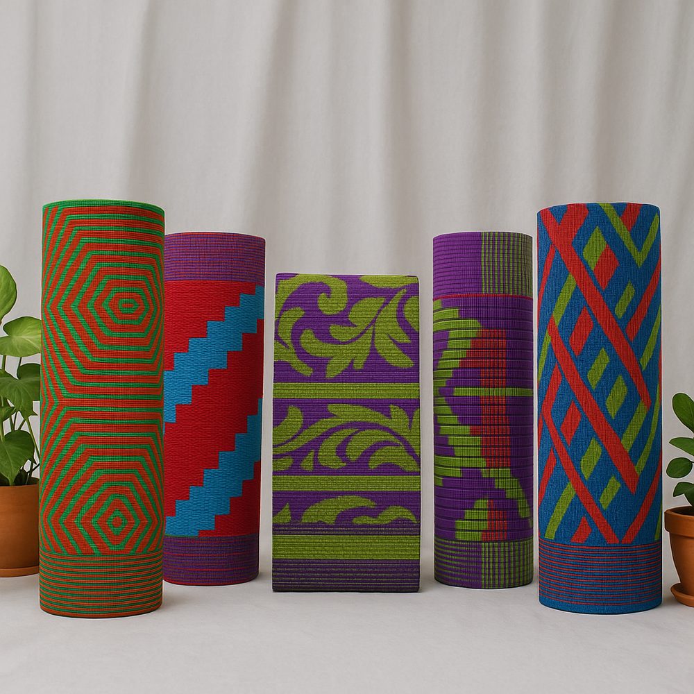 Janu collection rolled mats in bold geometric prints