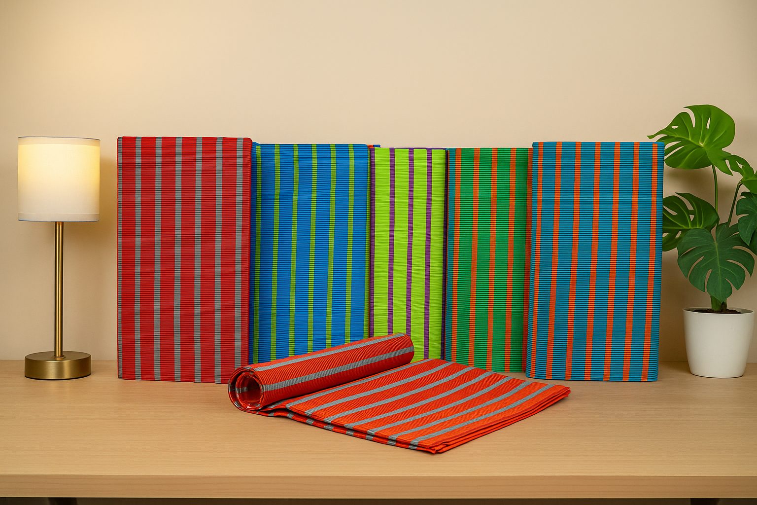 Soham Polymats striped mat styled beside a bedside lamp