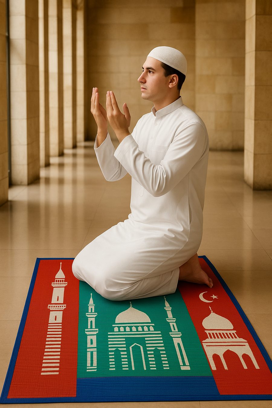 A man praying on a Soham Polymats prayer mat