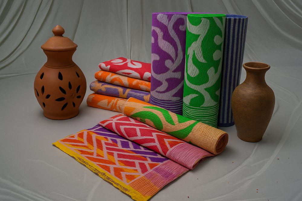 Foldable travel mats beside terracotta pots